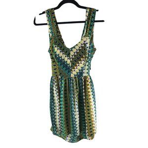 Bar III Sleeveless Geometric Print Mini Dress S Open Back Green Yellow